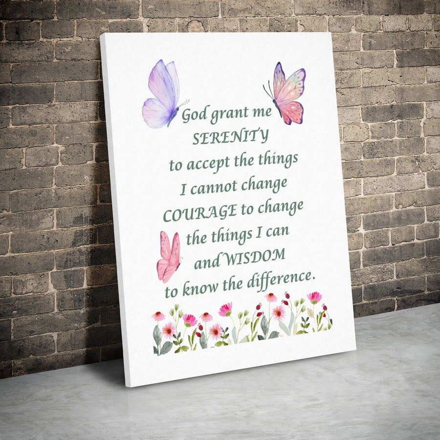 Serenity Prayer Wall Art | Watercolor Butterfly Floral Canvas | Premium Gallery Wrap | Inspirational Spiritual Home Decor Gift