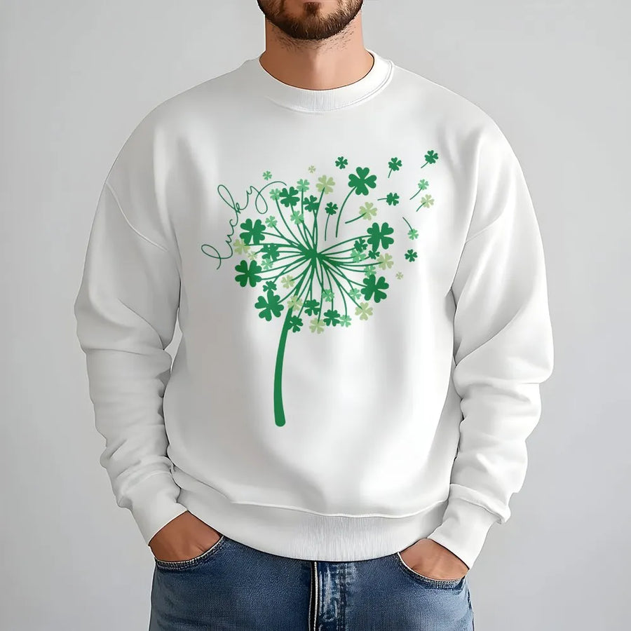 Lucky Shamrock Dandelion Sweatshirt | Minimalist Clover Floral Graphic | Premium Cotton Blend | St. Patrick's Day Irish Gift for Women and Men
