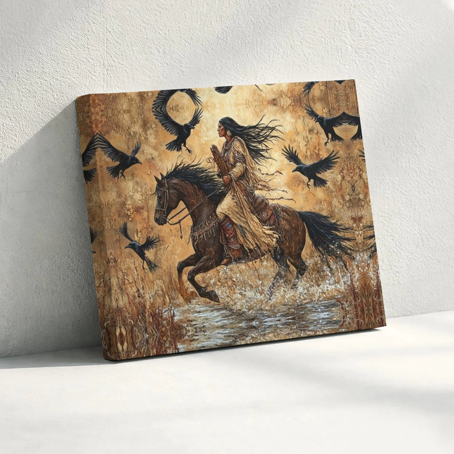 Native American Woman Wall Art | Horse and Raven Spirit Canvas Print | Premium Gallery Wrapped Decor | Southwestern Fine Art Gift for Home