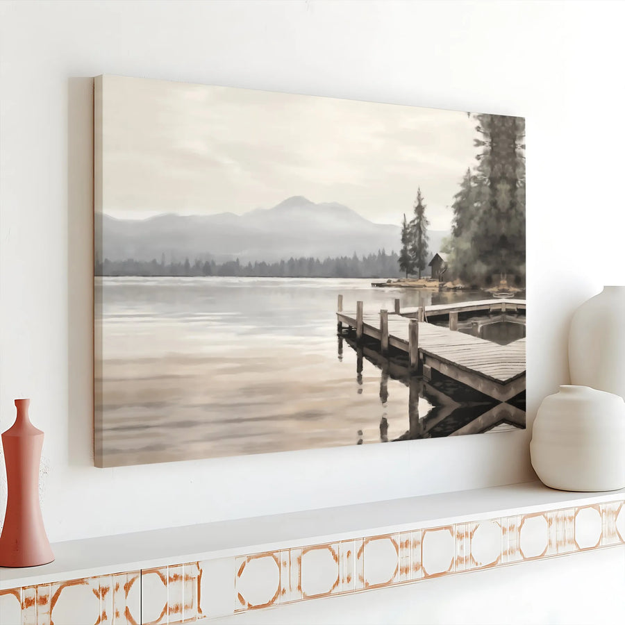 Lake Dock Canvas Wall Art | Peaceful Mountain Nature Landscape | Premium Gallery Wrap 1.25 Inch | Calm Home Decor Gift For Living Room