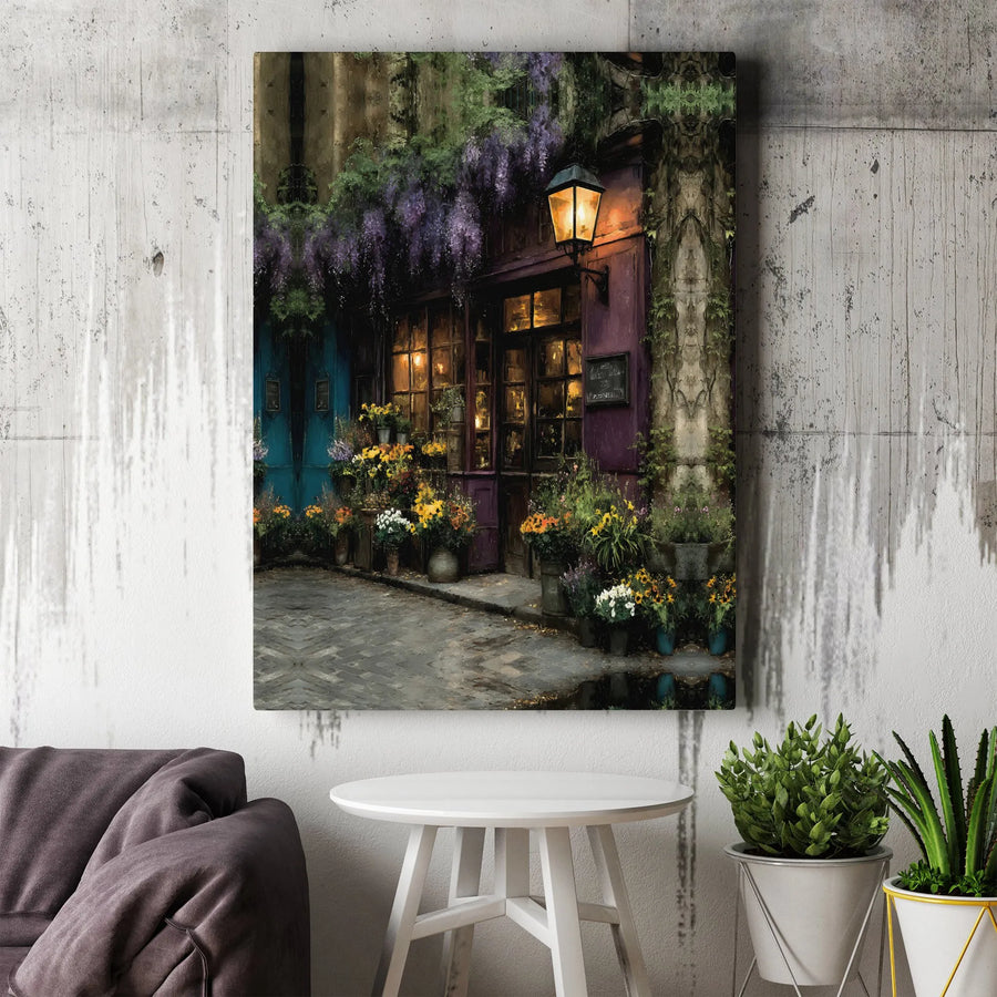 Parisian Flower Shop Canvas Print | Nighttime Wisteria Garden Art | Premium Gallery-Wrapped Wall Decor | Romantic French Cityscape Gift