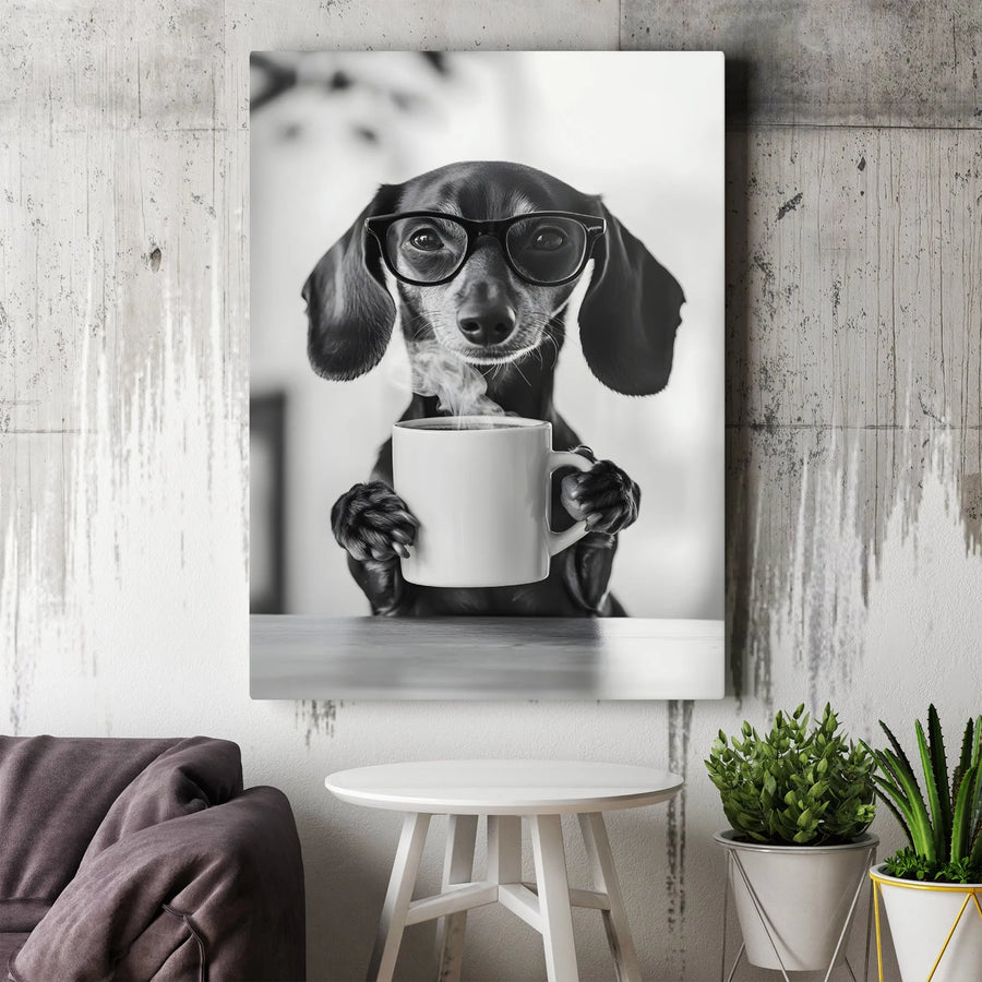 Dachshund Coffee Lover Wall Art | Funny Dog With Glasses Portrait | Premium 1.25" Thick Gallery Canvas | Modern Home Office Decor Gift