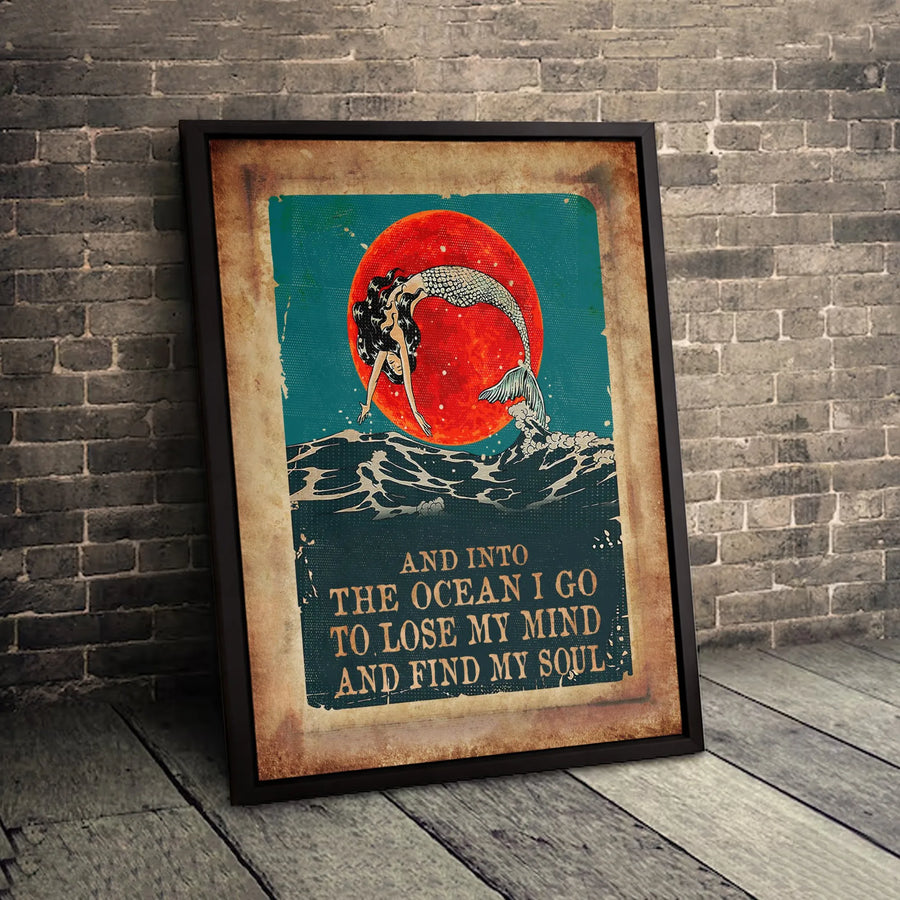 Mermaid Wall Art | Into The Ocean I Go Quote | Premium Gallery Wrapped Canvas | Coastal Home Decor Gift for Ocean Lovers
