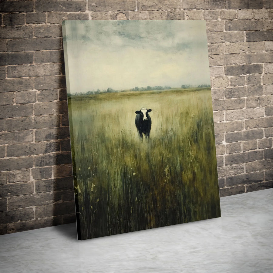Rustic Cow Painting Canvas Print | Vintage Farmhouse Cow Portrait in Field | Premium Gallery Wrapped Canvas | Modern Farmhouse Living Room Decor Gift