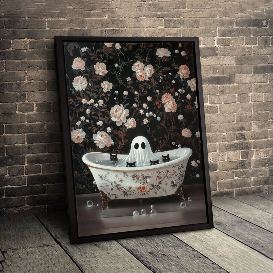 Ghost in Bathtub Canvas Art | Whimsical Floral Victorian Gothic Decor | Premium Fade-Resistant Print | Spooky Halloween Wall Art for Cat Lovers