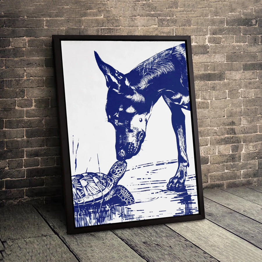 Doberman and Sea Turtle Canvas Wall Art | Whimsical Animal Nose Touch Sketch | Premium 1.25 Inch Gallery Wrap | Unique Gift for Dog Lovers