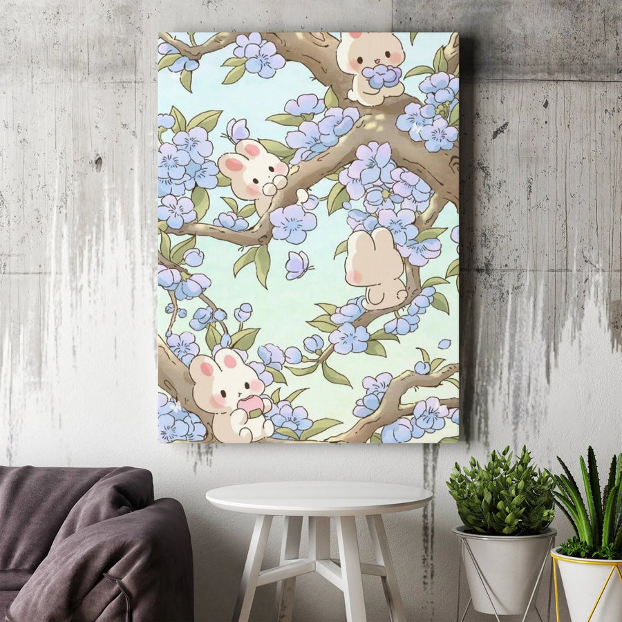 Kawaii Bunny Wall Art | Cute Rabbit and Blue Blossom Tree Print | Premium Gallery Wrapped Canvas | Nursery Decor and Whimsical Home Gift