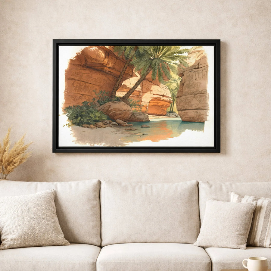 Desert Canyon Oasis Wall Art | Ancient Rock Carvings Palm Tree Sketch | Premium 1.25" Gallery Wrap Canvas | Exotic Travel Decor For Home Or Office