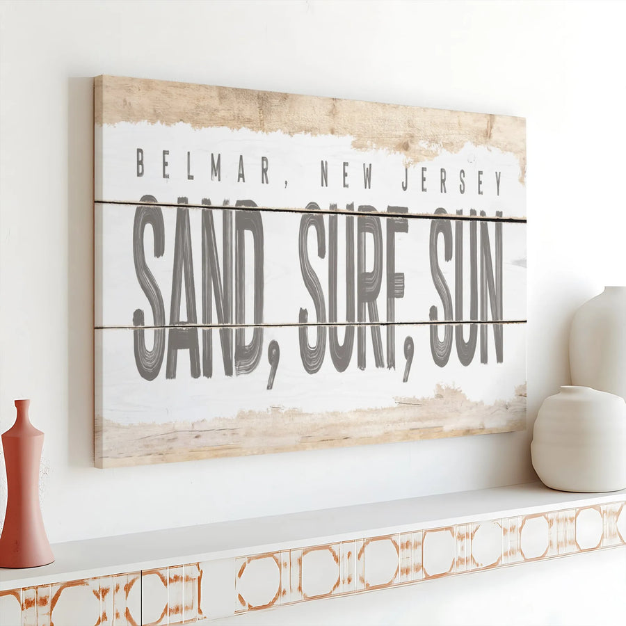 Belmar New Jersey Canvas Wall Art | Rustic Sand Surf Sun Sign | Premium Gallery Wrapped Canvas | Jersey Shore Housewarming Gift