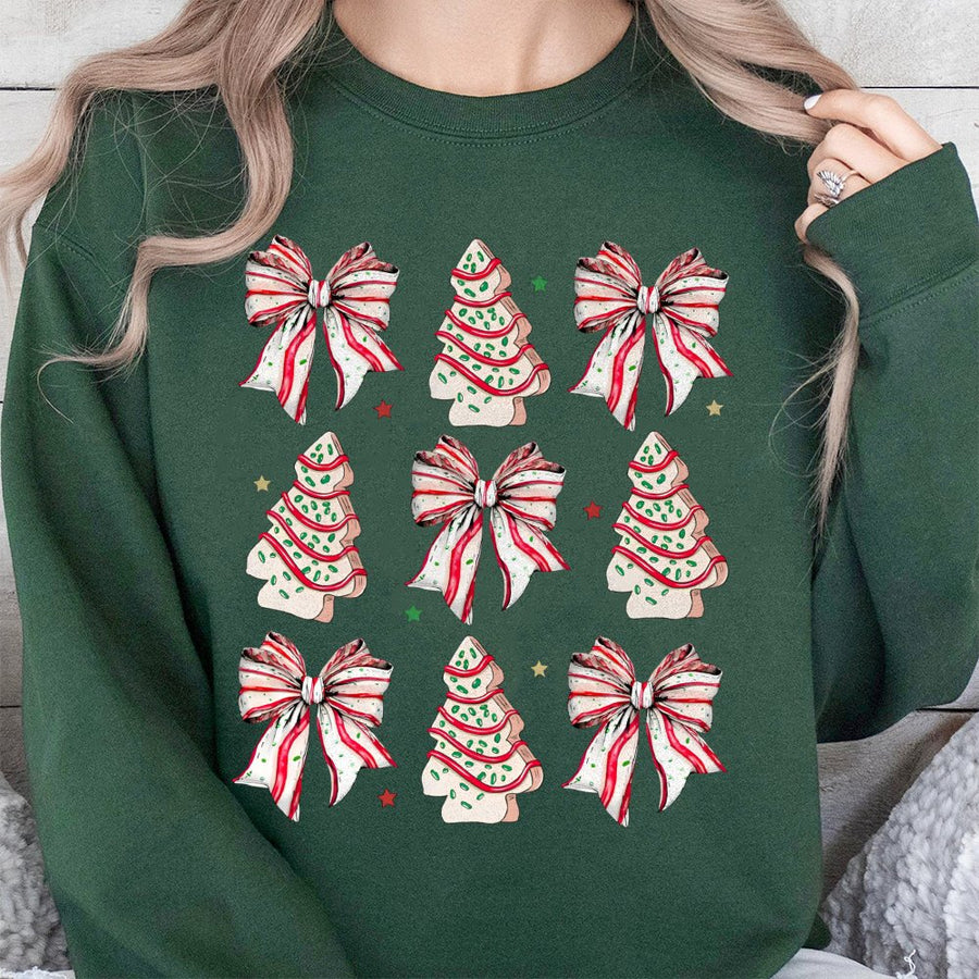 Coquette Christmas Tree Cake Sweatshirt | Holiday Aesthetic Bow Print | Premium Cotton Blend | Festive Gift For Her And Teen Girls