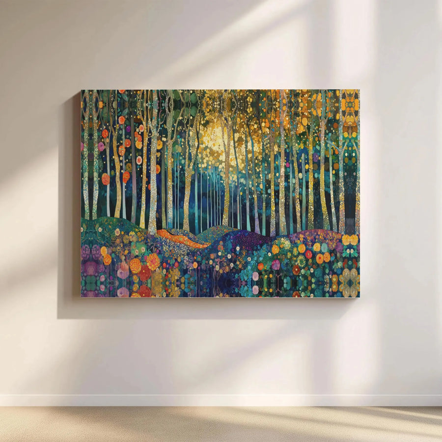 Enchanted Forest Horizontal Canvas | Vibrant Mosaic Style Tree & Wildflower Meadow Art | Premium 1.25 In Gallery Wrap | Whimsical Nature Wall Decor for Living Room