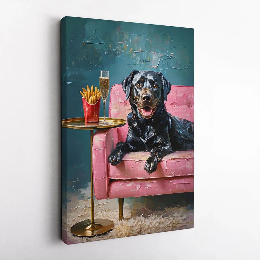Black Labrador Canvas Art | Whimsical Dog Drinking Champagne & Fries Oil Painting Style | Premium Gallery Wrap Wall Decor | Unique Pet Lover Gift Idea