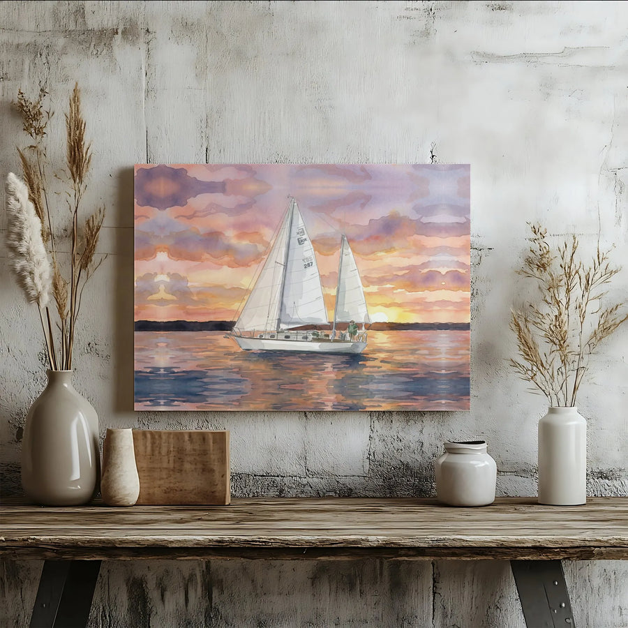 Sailboat at Sunset Canvas Wall Art | Watercolor Coastal Seascape Painting | Premium Gallery Wrapped Canvas | Beach House Decor Gift for Sailors