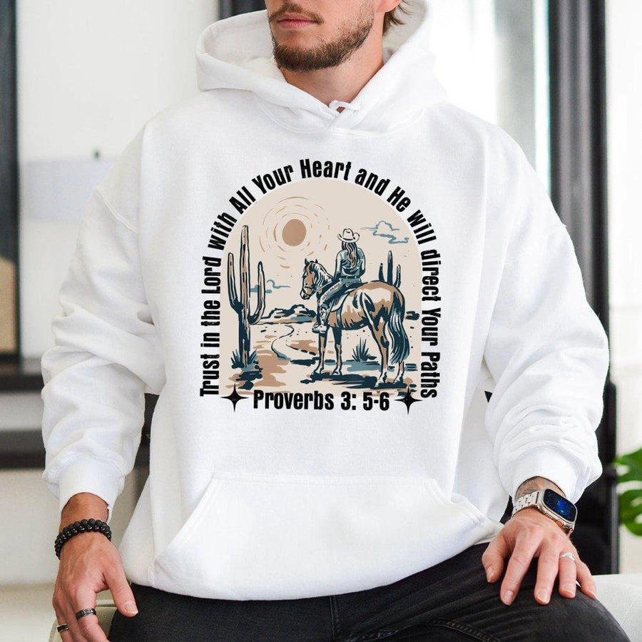 Western Christian Hoodie | Proverbs 3:5-6 Cowgirl Faith Design | Premium Cotton Blend | Inspirational Religious Gift for Women