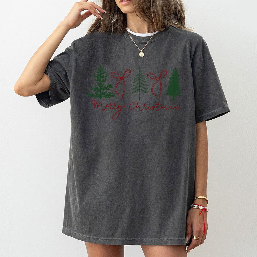 Merry Christmas T-Shirt | Minimalist Tree and Bow Graphic | Premium Soft Cotton | Festive Holiday Apparel for Women