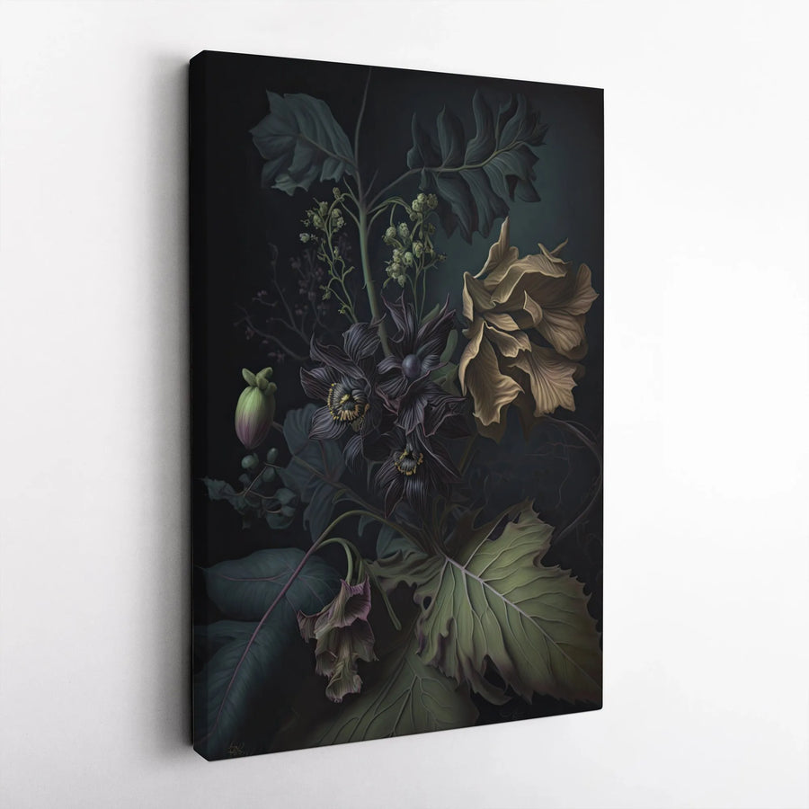 Dark Floral Canvas Print | Vintage Botanical Still Life Painting | Premium Thick Gallery Wrap | Moody Home Decor Gift