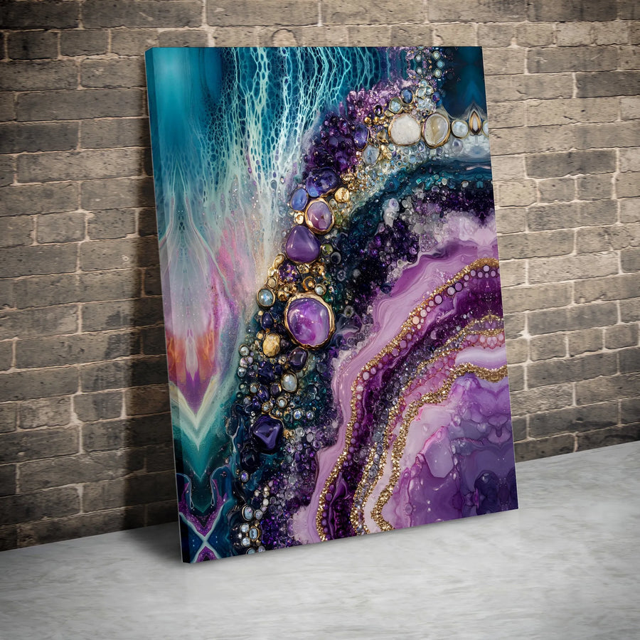 Purple Agate Geode Wall Art | Teal and Gold Abstract Canvas Print | Premium Gallery-Wrapped Decor | Elegant Modern Home Gift