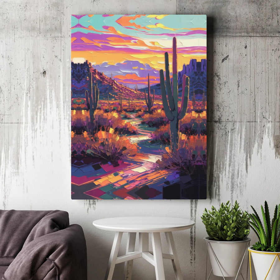 Desert Cactus Canvas Wall Art | Vibrant Southwestern Sunset Impressionist Painting | Premium Gallery Wrapped Decor | Modern Home Office Gift