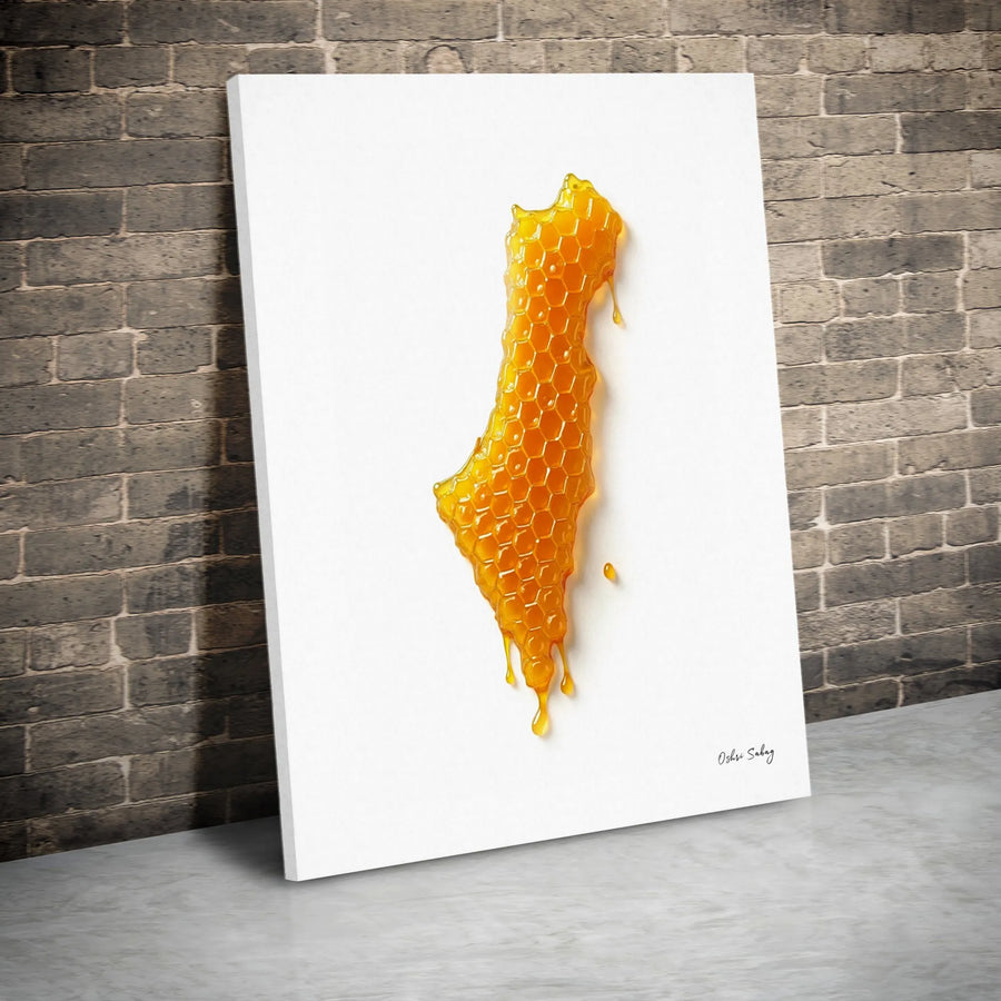 Israel Map Canvas Wall Art | Honeycomb Gold Dripping Honey Texture | Premium Gallery-Wrapped Print | Modern Jewish Home Decor Gift