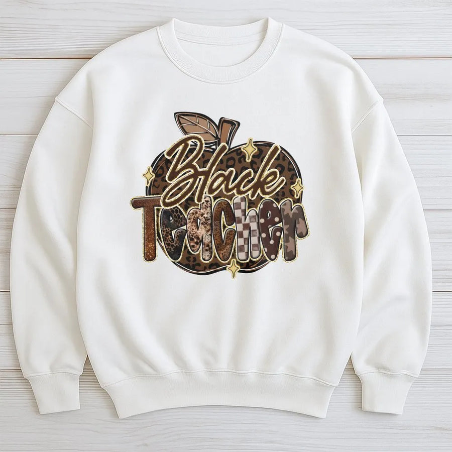 Black Teacher Sweatshirt | Leopard Print Apple Design | Premium Cotton Blend | Black History Month Teacher Gift