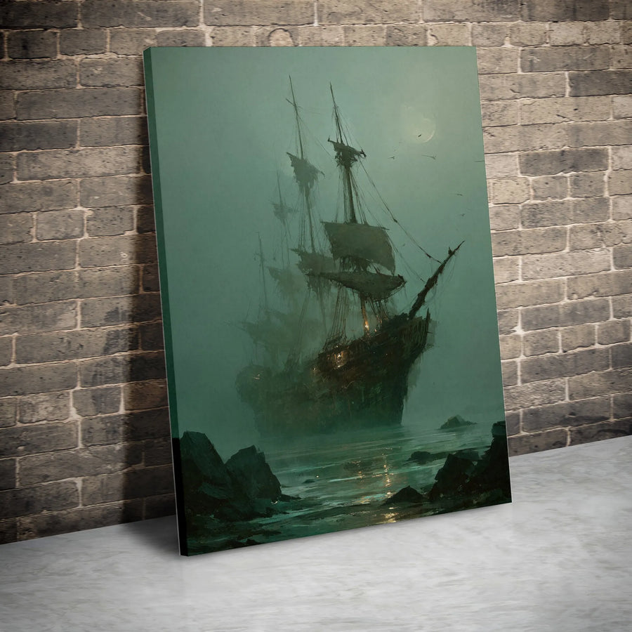 Ghost Ship Canvas Wall Art | Moody Seascape Painting, Dark Academia Ocean Scene | Premium Gallery Wrapped Print | Nautical Collector's Gift