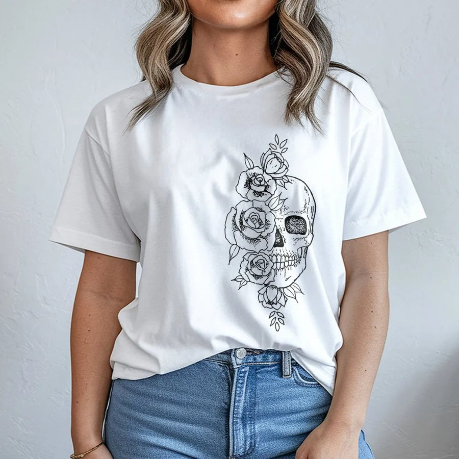 Skull and Roses Graphic T-Shirt | Botanical Skeleton Art Print | Soft Premium Cotton | Edgy Aesthetic Gift for Her & Him