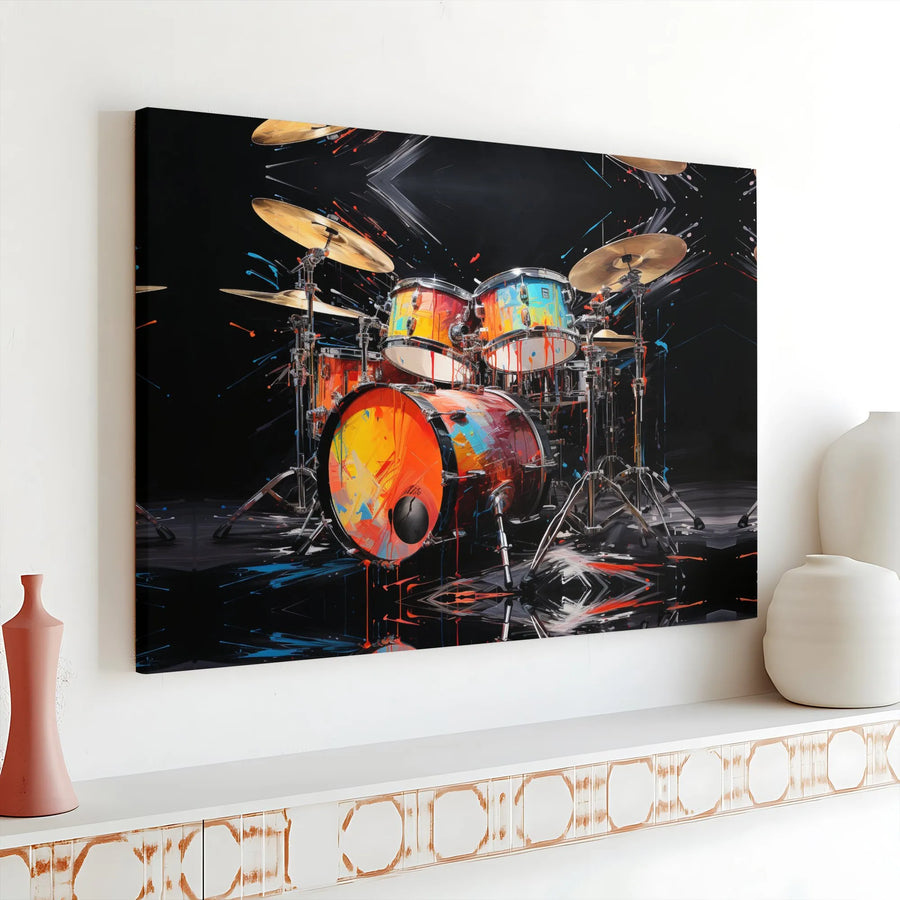 Colorful Drum Kit Wall Art | Abstract Paint Splatter Music Decor | Gallery Wrapped Premium Canvas | Gift for Drummer or Music Lover
