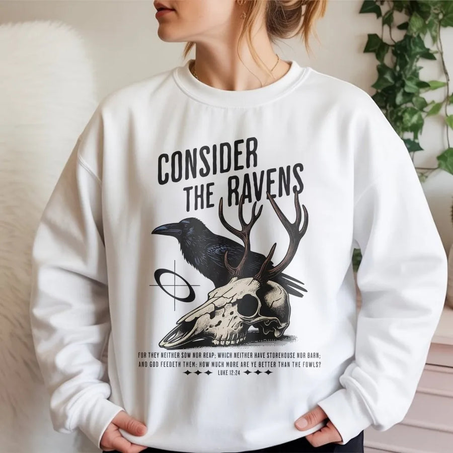 Consider The Ravens Sweatshirt | Luke 12:24 Bible Verse Graphic | Premium Cotton Blend | Christian Faith Gift for Him and Her