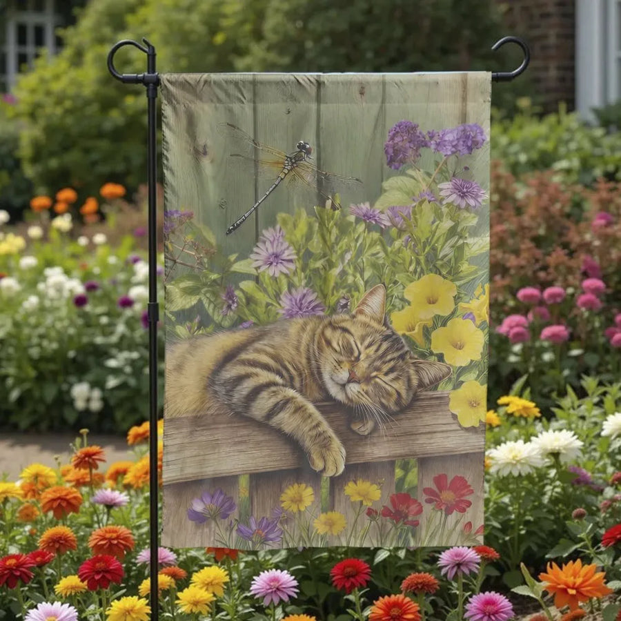 Sleeping Cat Garden Flag | Vintage Floral Illustration with Dragonfly | Premium Double Sided Polyester | Gift for Cat Lover Yard Decor