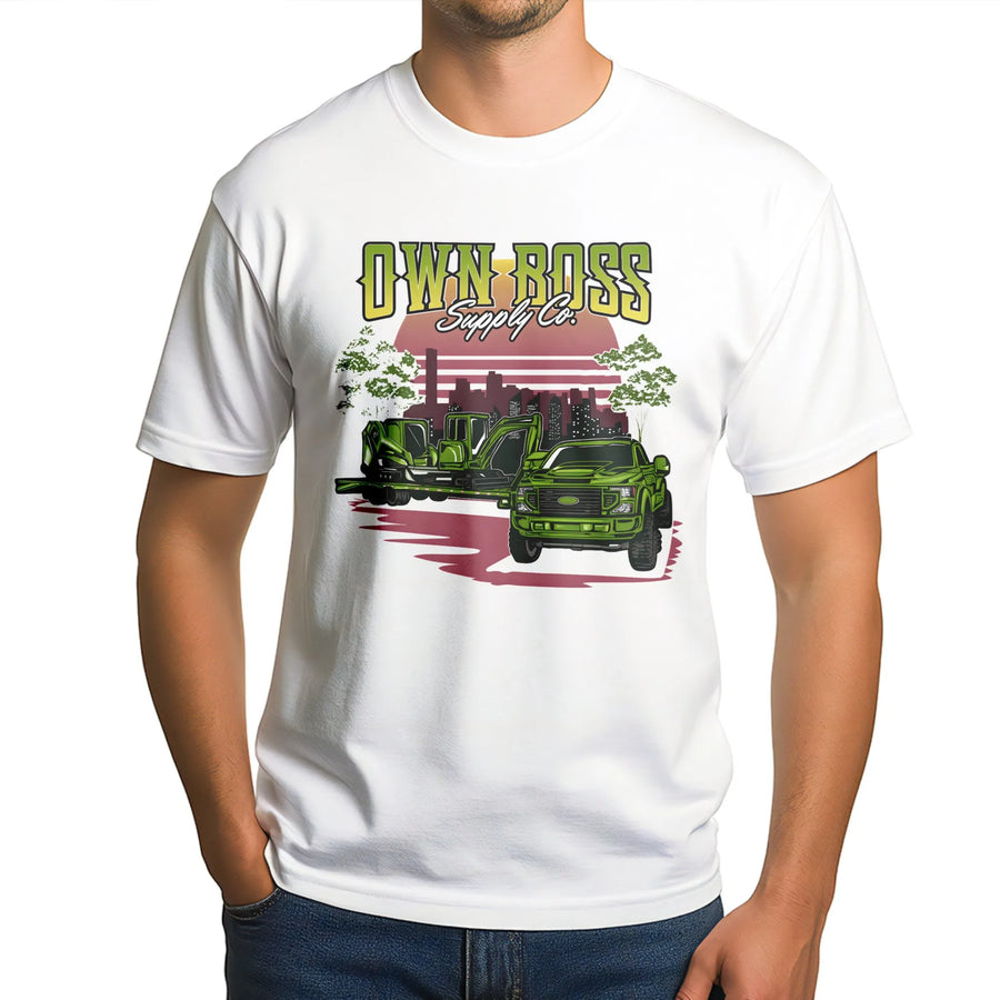 Heavy Equipment Operator T-Shirt | Excavator and Truck Construction Graphic | Premium Cotton Heavyweight Tee | Gift for Contractor or Construction Worker
