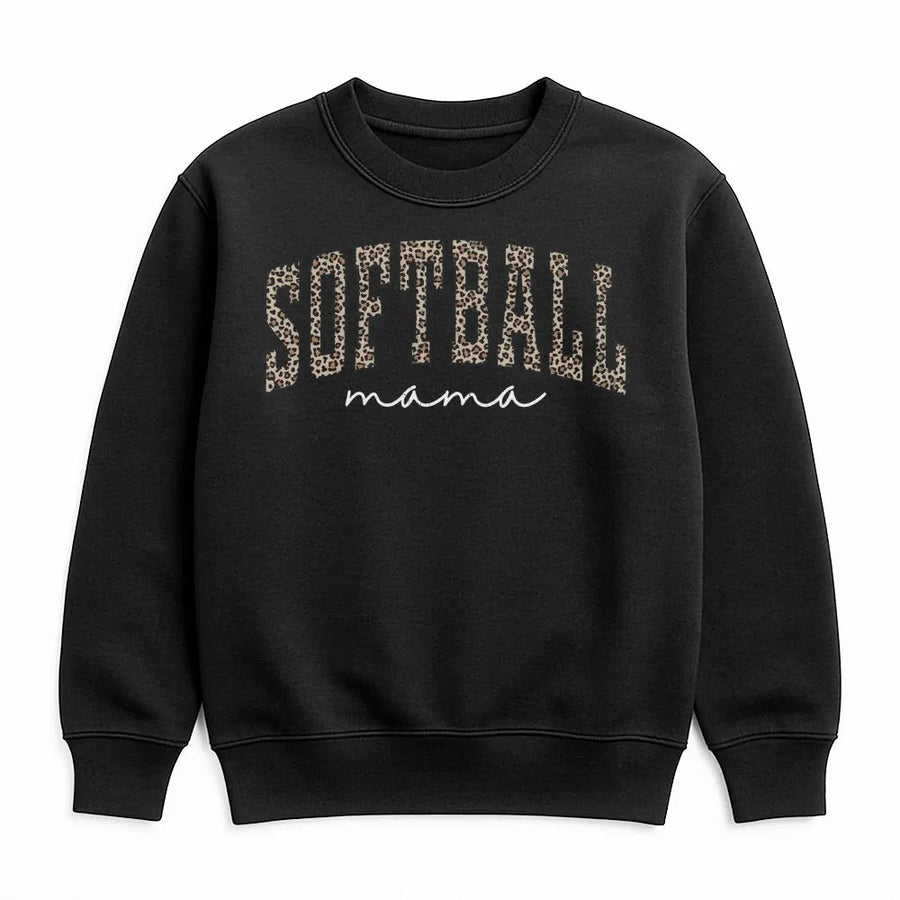 Softball Mama Sweatshirt | Leopard Print Varsity Letter Graphic | Premium Cotton Blend | Gift for Softball Mom and Sports Fan