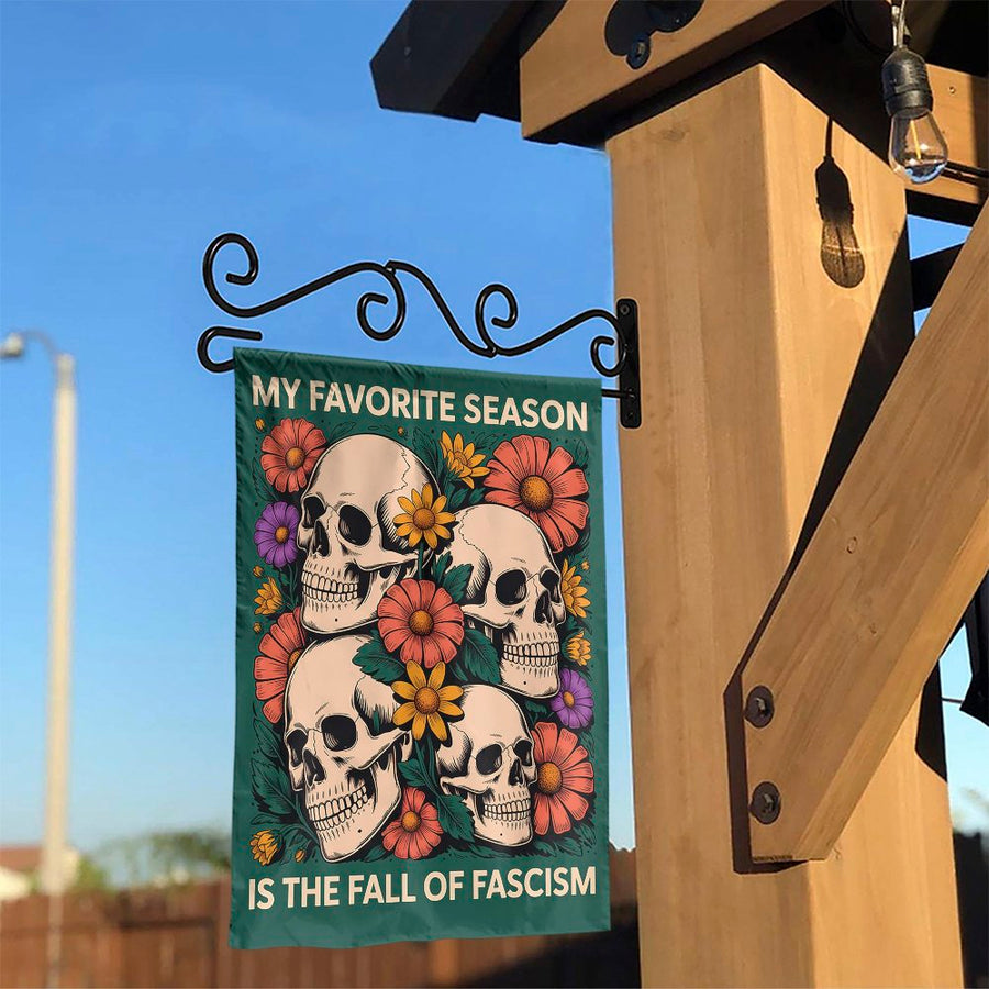 Fall Of Fascism Garden Flag | Floral Skull Yard Decor | Premium Weather-Resistant Polyester | Anti-Fascist Outdoor Gift