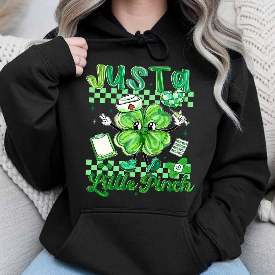Just A Little Pinch St Patricks Day Hoodie | Cute Nurse Clover Shamrock Graphic | Soft Cotton Blend Sweatshirt | St Pattys Day Gift For Nurses