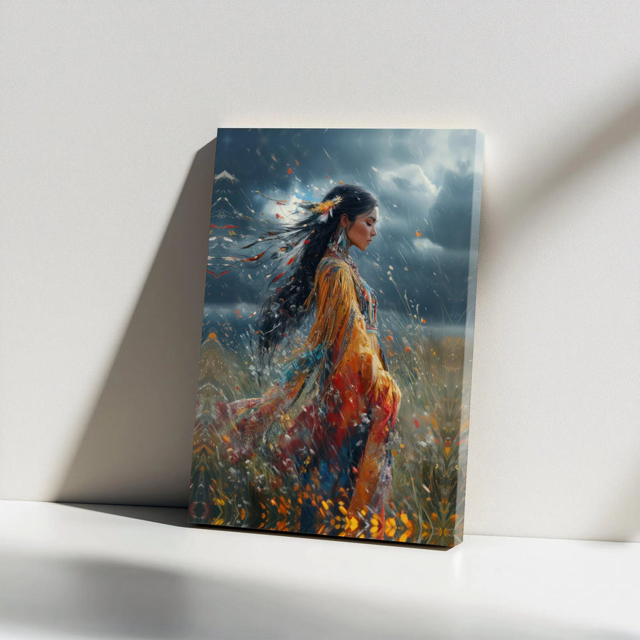Native American Woman Canvas Art | Abstract Wind & Feathers Portrait | Premium Gallery Quality Print | Boho Southwestern Decor Gift