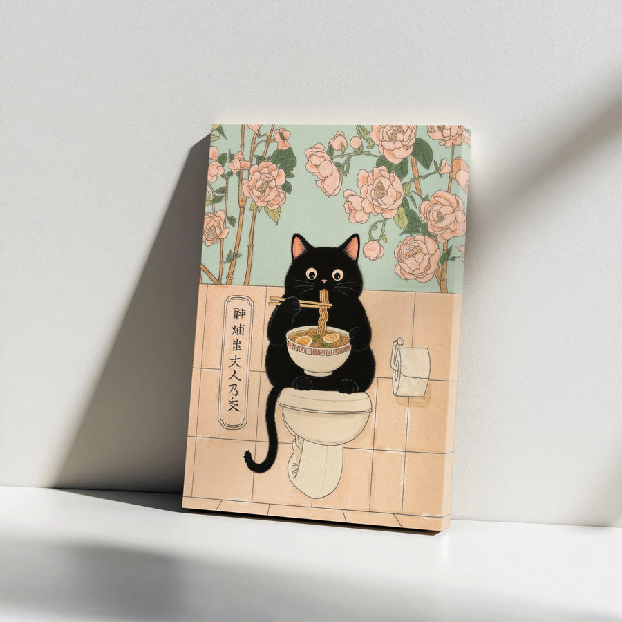Japanese Ramen Cat Canvas Print | Funny Black Cat Bathroom Wall Art | Gallery Wrapped Premium Decor | Whimsical Gift For Cat Lovers