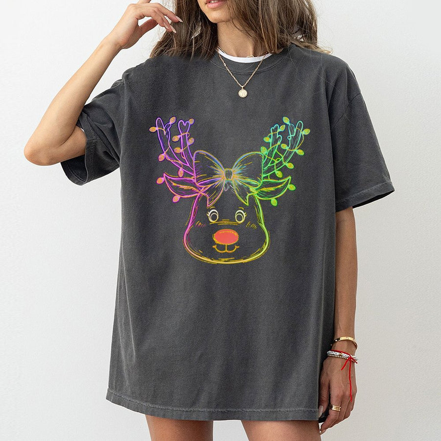 Neon Reindeer Christmas T-Shirt | Coquette Bow Holiday Graphic | 100% Cotton Premium Tee | Cute Festive Winter Gift for Her