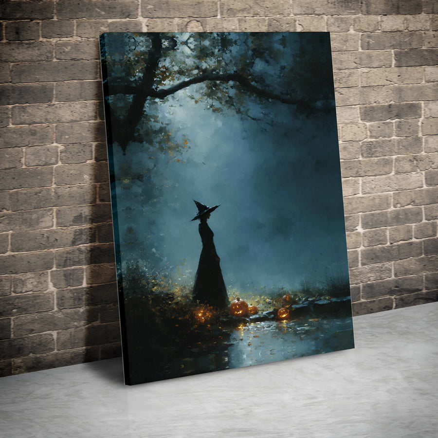 Halloween Witch Canvas Wall Art | Dark Forest Jack-O'-Lantern Decor | Premium 1.25" Gallery Wrap | Spooky Seasonal Home Gift