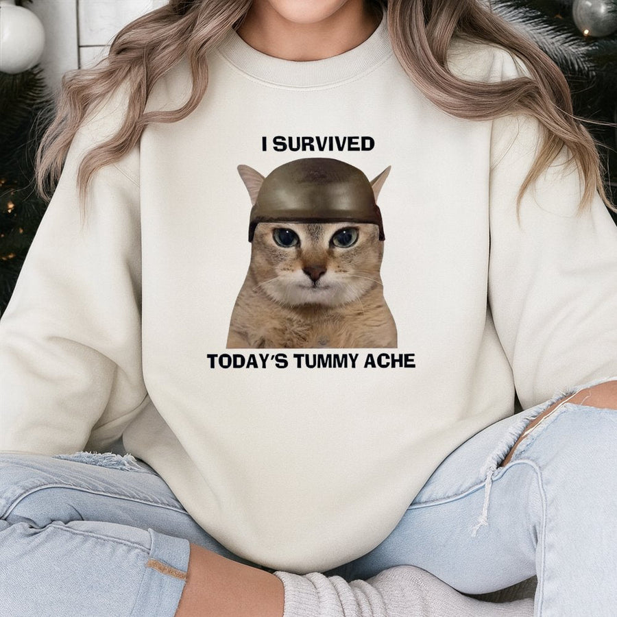 I Survived Today's Tummy Ache Sweatshirt | Funny Cat Meme Graphic | Premium Cotton Blend | Gift For Cat Lovers & Gen Z Humor Fans