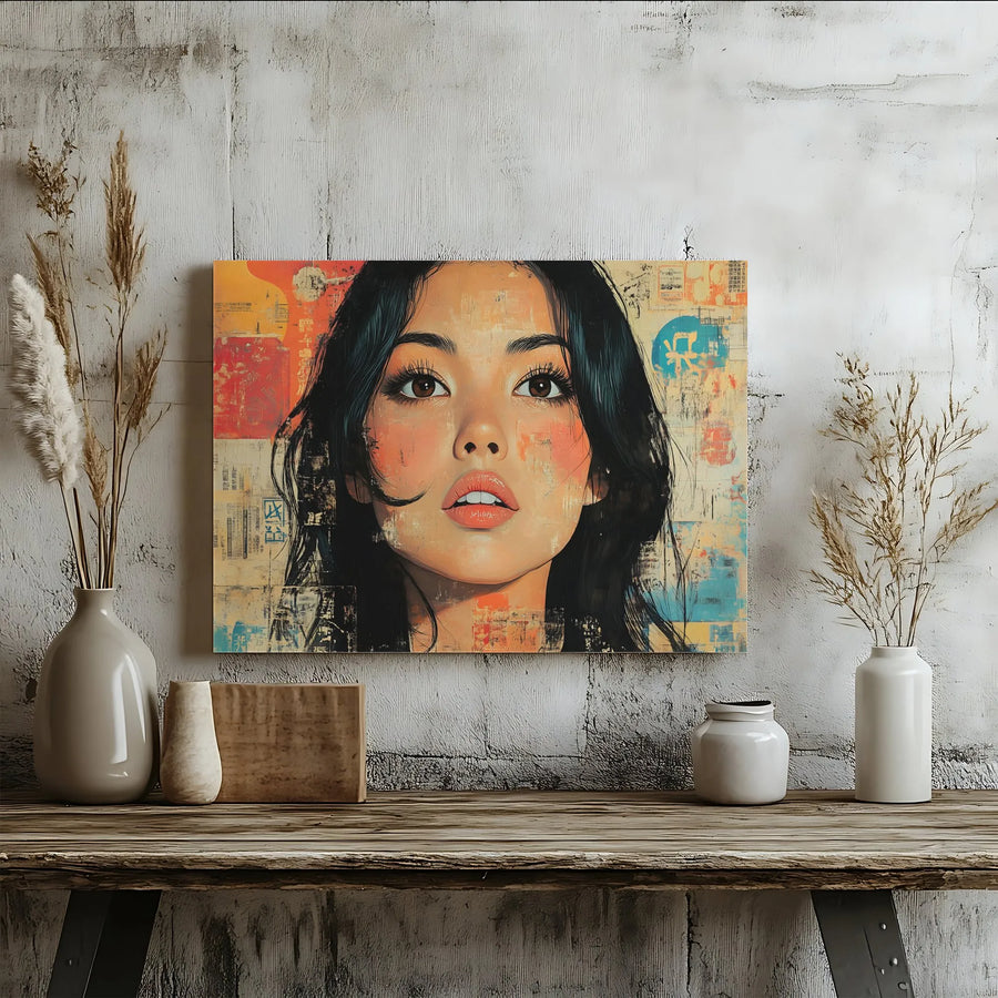 Asian Woman Portrait Canvas Wall Art | Modern Pop Art Street Collage | Premium Gallery Wrap Print | Contemporary Home Decor Gift