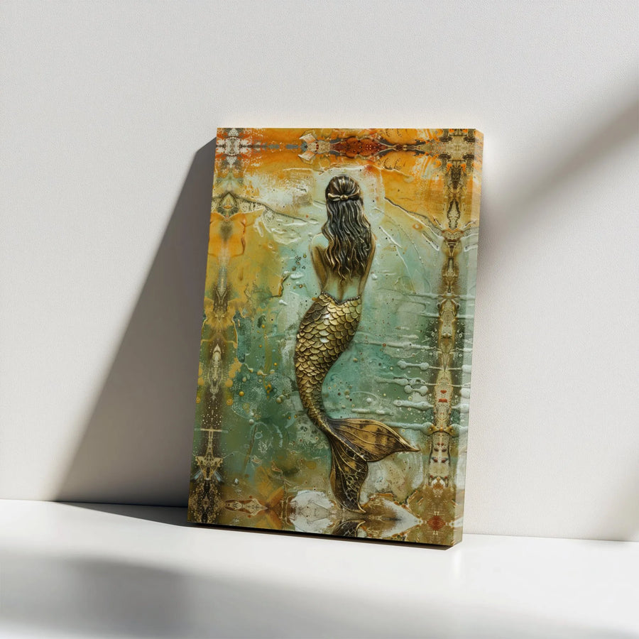 Gold Mermaid Wall Art | Abstract Coastal Canvas Print | Premium Gallery Wrap Decor | Coastal Home Gift For Ocean Lovers