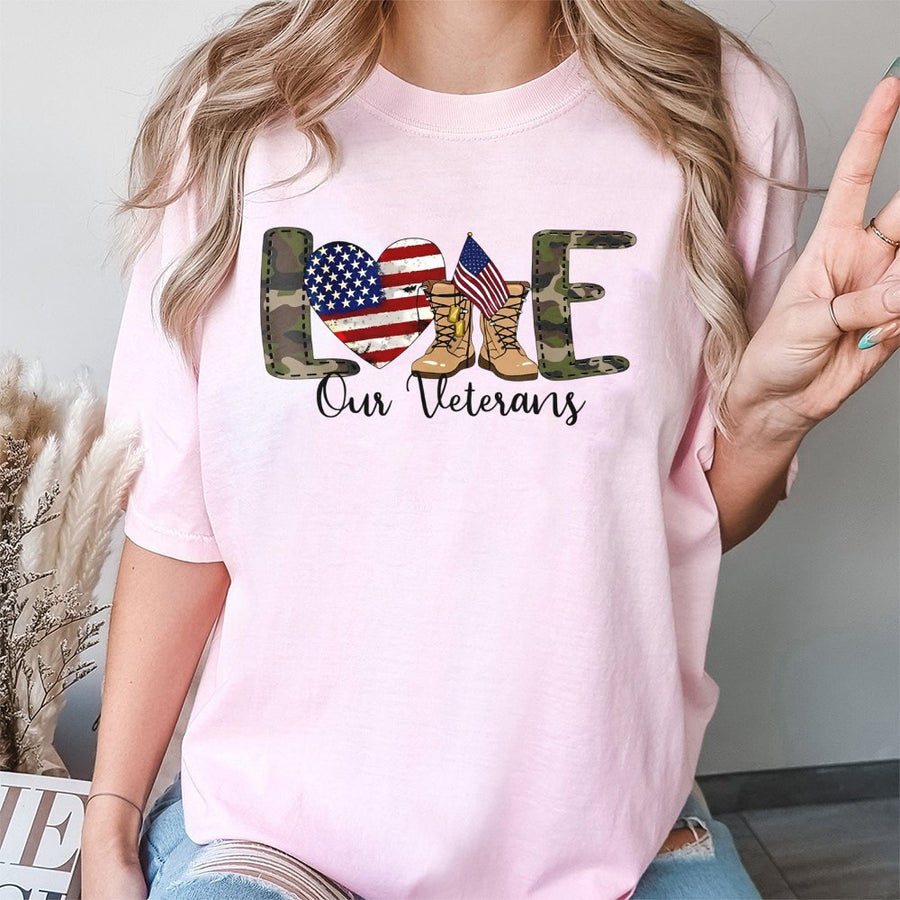 Love Our Veterans T-Shirt | Patriotic American Flag Camo Military Graphic | 100% Cotton Unisex Tee | Gift for Soldiers & Military Families