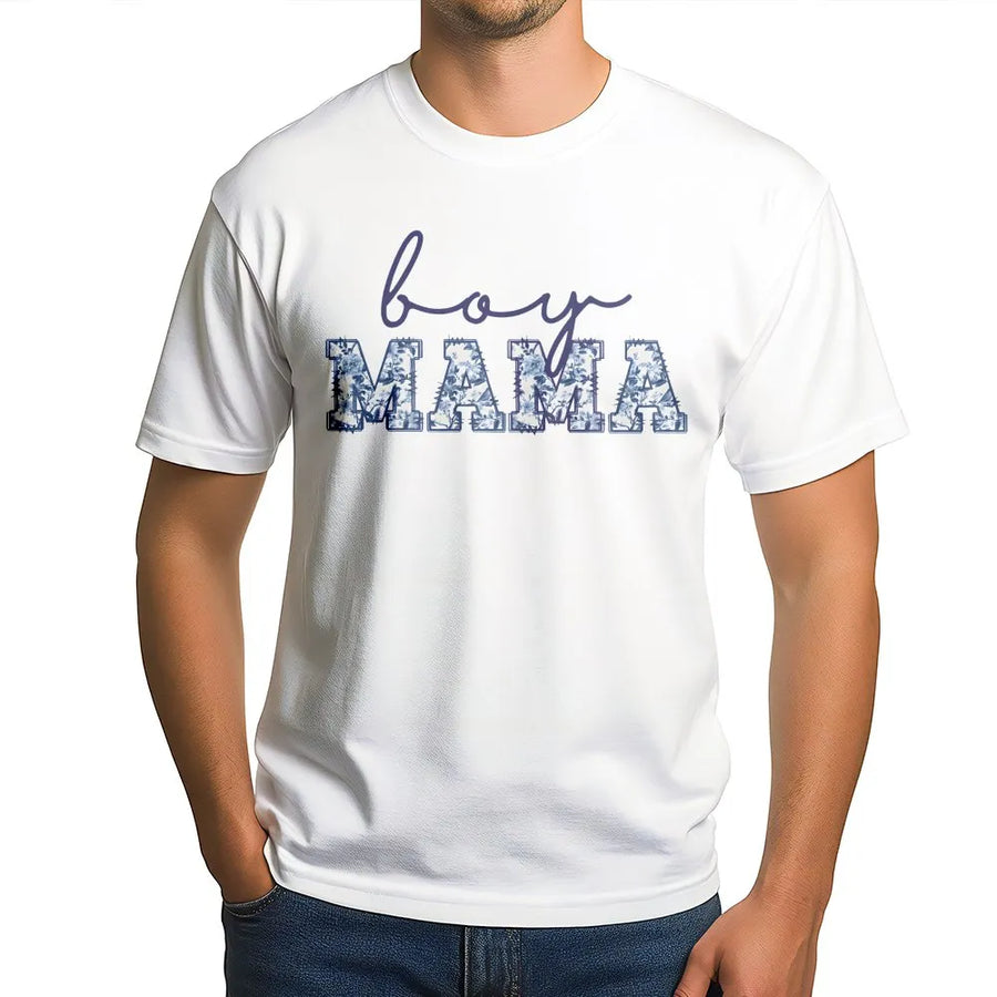 Boy Mama T-Shirt | Blue Toile Floral Design | Premium Soft Cotton | New Mom Pregnancy Announcement Gift for Her
