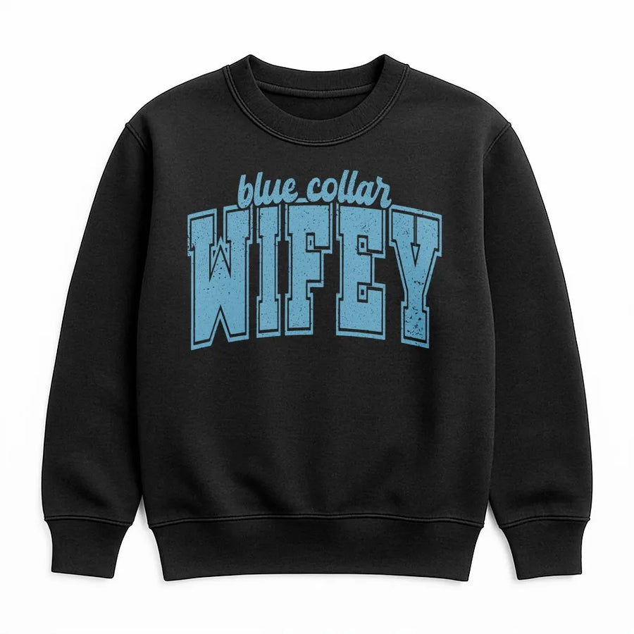 Blue Collar Wifey Sweatshirt | Retro Varsity Text | Cozy Cotton Blend Pullover | Gift for Blue Collar Wife