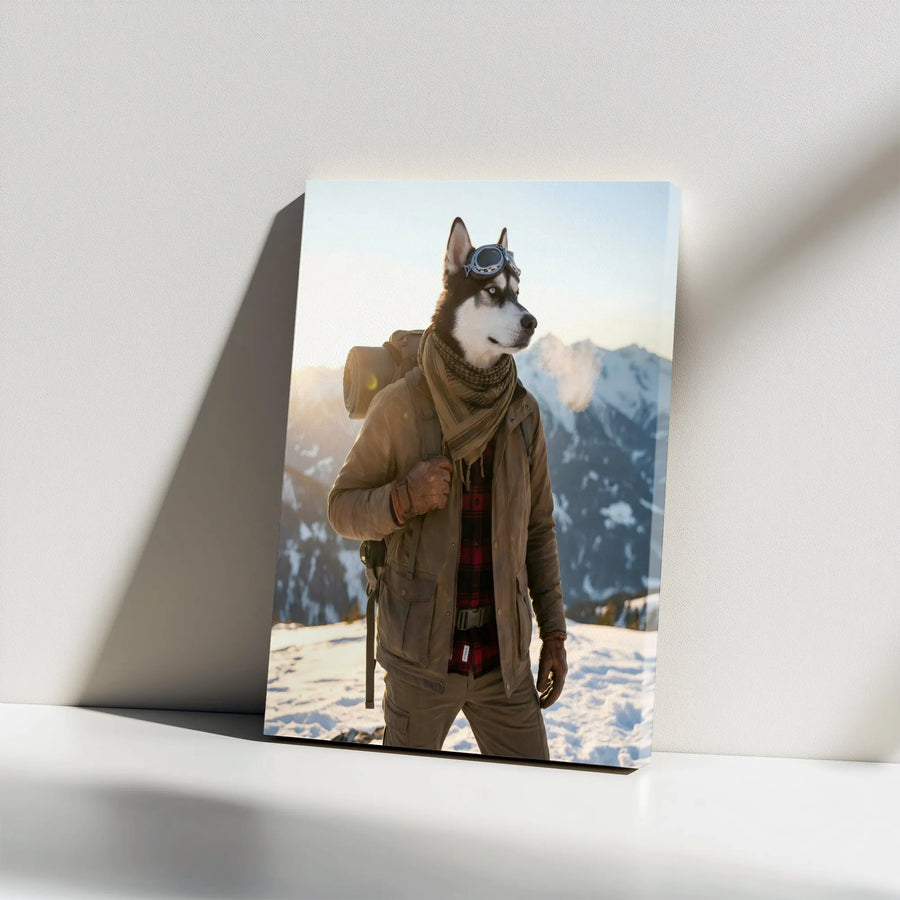 Husky Adventurer Canvas Wall Art | Anthropomorphic Mountain Explorer Portrait | Premium Gallery Wrapped Canvas | Unique Home Decor Gift for Dog Lovers
