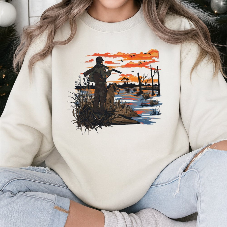 Duck Hunting Sweatshirt | Sunset Marsh Hunter and Retriever Dog Graphic | Premium Cotton Blend | Gift for Waterfowl Hunters