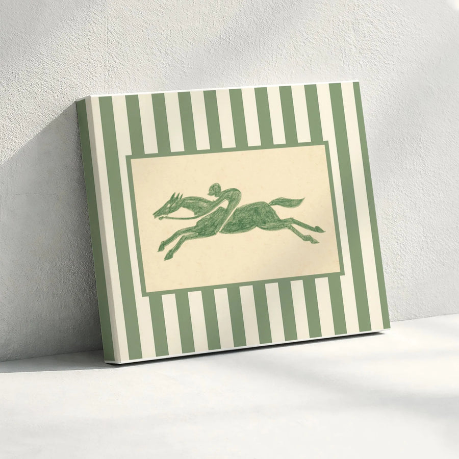Equestrian Wall Art | Sage Green Striped Racehorse Jockey Print | 1.25-Inch Gallery Wrapped Premium Canvas | Classic Home & Office Decor
