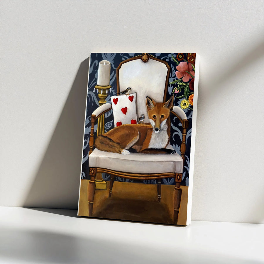 Vintage Fox Canvas Print | Whimsical Fox and Sparrow Painting on Armchair | Premium 1.25" Thick Canvas | Collector's Gift for Animal Lovers