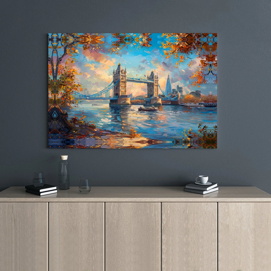 London Tower Bridge Canvas Wall Art | Impressionist Autumn Landscape | 1.25" Gallery Wrap | Premium Home Decor Gift