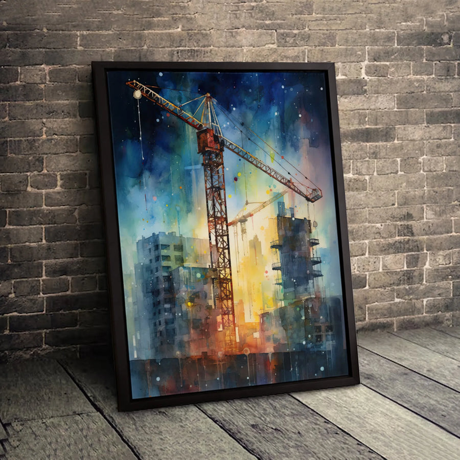 Construction Crane Canvas Art | Abstract Cityscape Painting Print | Premium Gallery Wrap Wall Decor | Industrial Home Office Gift