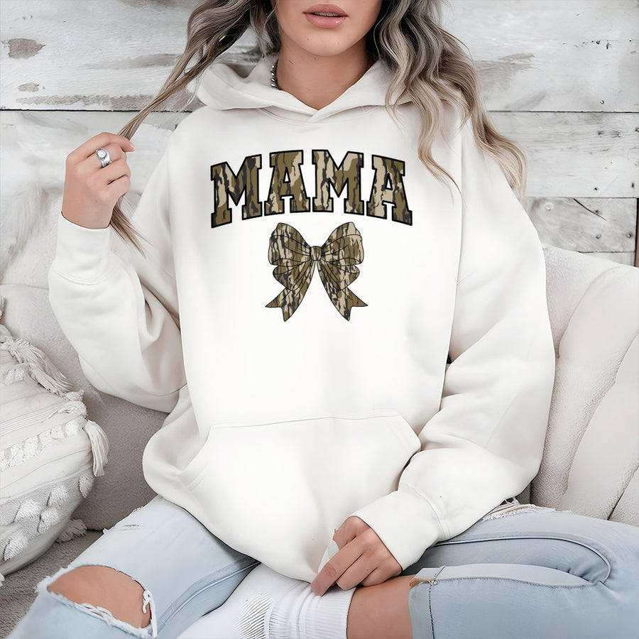 Mama Camo Coquette Bow Hoodie | Varsity Letter Graphic Print | Cotton Blend Soft Fleece | Trendy Mom Gift for Mother's Day 2026